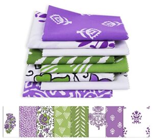soimoi 8 pc fat quarter bundle - asian block print 18"x 22" diy patchwork- 100% cotton pre-cut quilting fabric (green & purple)