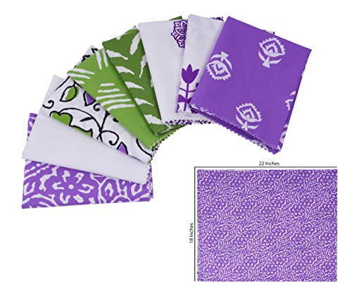 Soimoi 8 Pc Fat Quarter Bundle - Asian Block Print 18"x 22" DIY Patchwork- 100% Cotton Pre-Cut Quilting Fabric (Green & Purple)