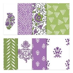 Soimoi 8 Pc Fat Quarter Bundle - Asian Block Print 18"x 22" DIY Patchwork- 100% Cotton Pre-Cut Quilting Fabric (Green & Purple)