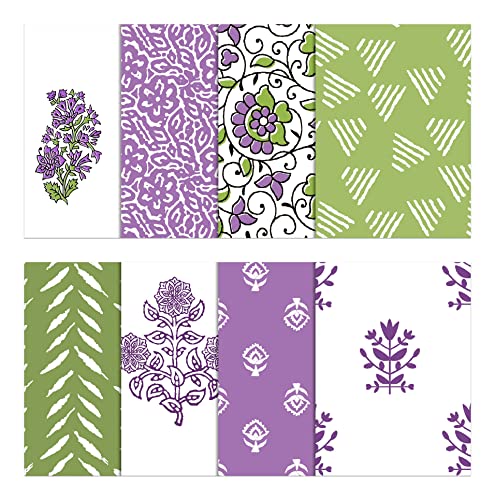 Soimoi 8 Pc Fat Quarter Bundle - Asian Block Print 18"x 22" DIY Patchwork- 100% Cotton Pre-Cut Quilting Fabric (Green & Purple)