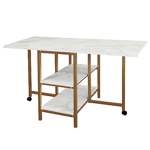 AT-VALY Folding Dining Table with 2 Storage Open Shelf,Drop Leaf Extension Dining Table,Top Folding 15.7" to 55.1" Kitchen Table (Gold)