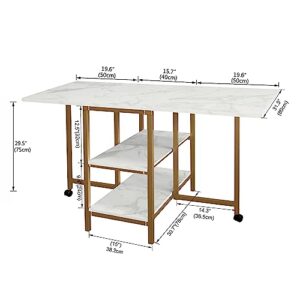 AT-VALY Folding Dining Table with 2 Storage Open Shelf,Drop Leaf Extension Dining Table,Top Folding 15.7" to 55.1" Kitchen Table (Gold)