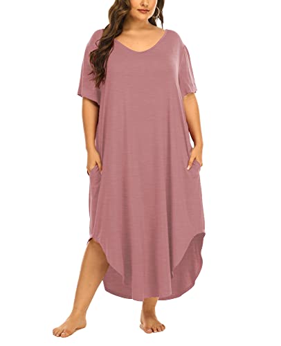 Womens Plus Size Nightgowns Sleepwear Short Sleeve Sleep Dress Maxi Night Gowns with Pockets 4X Pink