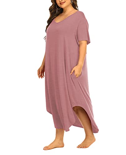 Womens Plus Size Nightgowns Sleepwear Short Sleeve Sleep Dress Maxi Night Gowns with Pockets 4X Pink