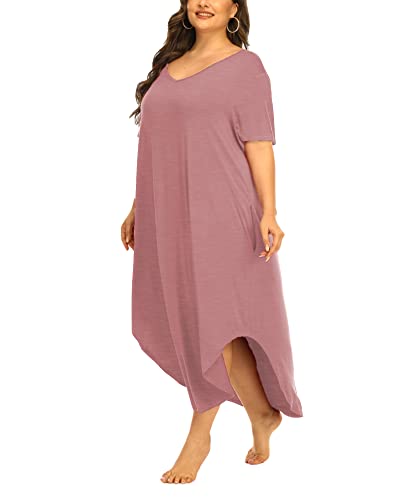 Womens Plus Size Nightgowns Sleepwear Short Sleeve Sleep Dress Maxi Night Gowns with Pockets 4X Pink