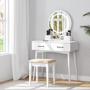 utex makeup vanity desk with round mirror and lights,white vanity makeup table, small vanity table with 2 drawers, 3 lighting modes dresser desk and cushioned stool set for bedroom, white
