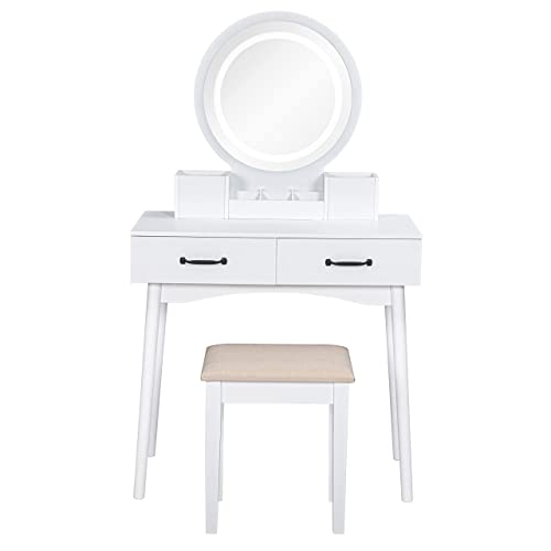 UTEX Makeup Vanity Desk with Round Mirror and Lights,White Vanity Makeup Table, Small Vanity Table with 2 Drawers, 3 Lighting Modes Dresser Desk and Cushioned Stool Set for Bedroom, White