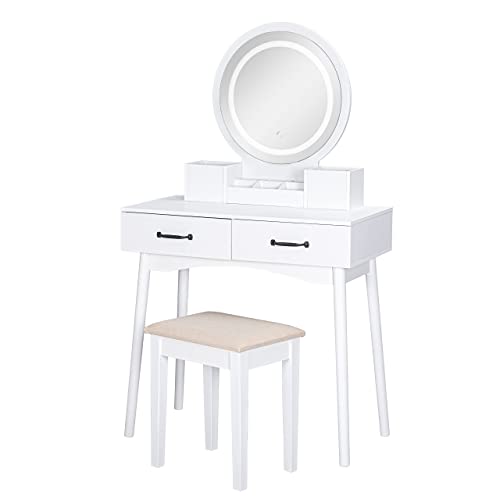 UTEX Makeup Vanity Desk with Round Mirror and Lights,White Vanity Makeup Table, Small Vanity Table with 2 Drawers, 3 Lighting Modes Dresser Desk and Cushioned Stool Set for Bedroom, White