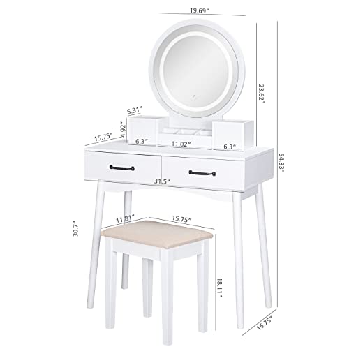 UTEX Makeup Vanity Desk with Round Mirror and Lights,White Vanity Makeup Table, Small Vanity Table with 2 Drawers, 3 Lighting Modes Dresser Desk and Cushioned Stool Set for Bedroom, White