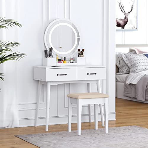 UTEX Makeup Vanity Desk with Round Mirror and Lights,White Vanity Makeup Table, Small Vanity Table with 2 Drawers, 3 Lighting Modes Dresser Desk and Cushioned Stool Set for Bedroom, White