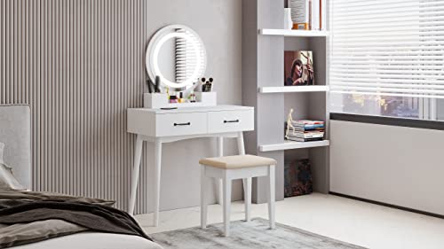 UTEX Makeup Vanity Desk with Round Mirror and Lights,White Vanity Makeup Table, Small Vanity Table with 2 Drawers, 3 Lighting Modes Dresser Desk and Cushioned Stool Set for Bedroom, White