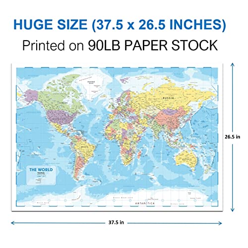 Hambli World Map For Wall – 37” x 26” Large Map of the World Poster - World Map Wall Art For Classroom, Kids & Travel