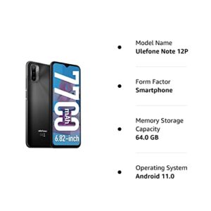 Ulefone Note 12P 4G Unlocked Cell Phones, 6.82" HD+ Waterdrop Screen, 7700mAh Battery, OTG, 13MP Triple Rear Camera, Android 11 Octa-Core 4GB + 64GB, Face Unlock Finger Reader Unlocked Phones - Black