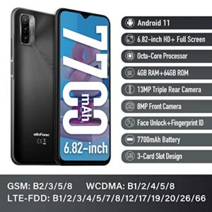 Ulefone Note 12P 4G Unlocked Cell Phones, 6.82" HD+ Waterdrop Screen, 7700mAh Battery, OTG, 13MP Triple Rear Camera, Android 11 Octa-Core 4GB + 64GB, Face Unlock Finger Reader Unlocked Phones - Black