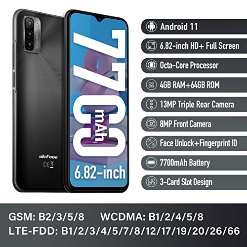 Ulefone Note 12P 4G Unlocked Cell Phones, 6.82" HD+ Waterdrop Screen, 7700mAh Battery, OTG, 13MP Triple Rear Camera, Android 11 Octa-Core 4GB + 64GB, Face Unlock Finger Reader Unlocked Phones - Black