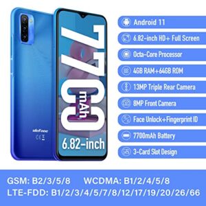 Ulefone Unlocked Smartphones Note 12P, 7700mAh High Capacity Battery, 6.82 inch HD+, 13MP + 2MP + 2MP, Dual Sim Phones Unlocked, Andorid 11 4GB+64GB ROM, Fingerprint Face Detection, T-Mobile - Blue