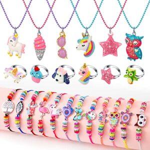 24 pcs little girl jewelry set kids unicorn necklace cute woven bracelet ring for girls pretend dress up party favor (vivid style)