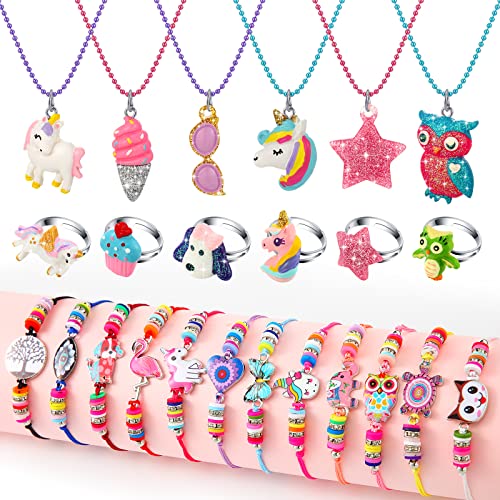 24 Pcs Little Girl Jewelry Set Kids Unicorn Necklace Cute Woven Bracelet Ring for Girls Pretend Dress up Party Favor (Vivid Style)