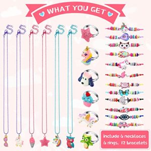 24 Pcs Little Girl Jewelry Set Kids Unicorn Necklace Cute Woven Bracelet Ring for Girls Pretend Dress up Party Favor (Vivid Style)