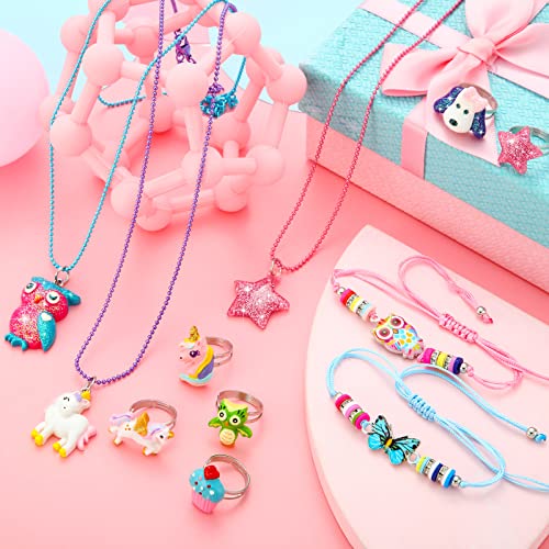 24 Pcs Little Girl Jewelry Set Kids Unicorn Necklace Cute Woven Bracelet Ring for Girls Pretend Dress up Party Favor (Vivid Style)
