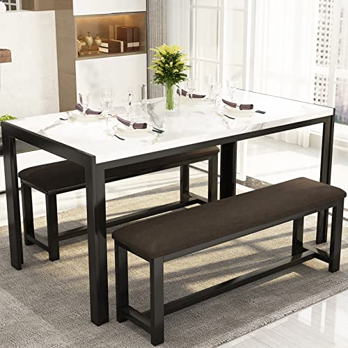 DKLGG Dining Room Table Set, Dining Table Set for 4 Faux Marble Kitchen Table with PU Leather Benches Kitchen Table Dinner Table Set for 4 Small Kitchen Table and Chairs for Small Spaces Apartment