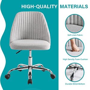HOMEFLA Home Office Desk Chair, Modern Linen Fabric Chair Adjustable Swivel Task Chair Mid-Back Cute Upholstered Armless Computer Chair with Wheels for Bedroom Studying Room Vanity Room (Light Grey)
