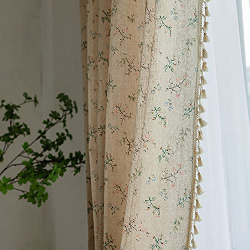 Floral Farmhouse Curtains Closet Semi-Blackout Living Room Drapes 63 Inch Length Cotton Linen Blend Short Bohemian Window Curtain Panels with Tassel Beige Rod Pocket Bedroom Drapes, 1 Panel