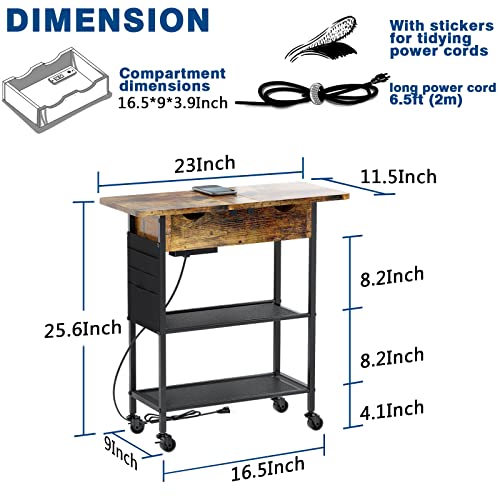 Slim Side Table with USB Ports and Outlets, Narrow End Table with Storage Shelf and Bag for Small Spaces 2 Sides Flip Top Nightstand with Charging Station Rolling Wheels for Living Room Bedroom Brown