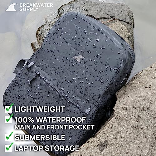 Breakwater Supply™ Fogland Lite Small Waterproof Submersible Backpack with Laptop Sleeve & Airtight Zippers for Outdoors, Surfing, Kayaking, Hiking, Cycling, Unisex TPU Dry Bag (Stealth Black, 15L)