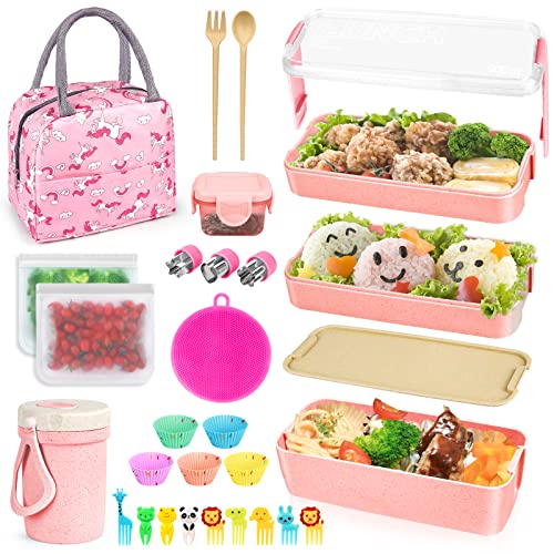 jijoe 27 PCs Bento Box Lunch Box Kit, Stackable 3-in-1 Compartment Japanese Lunch Box Set w/Soup Cup Sauce Can, Spoon Fork, Cake Cups, Fruit Picks, Snack Bags, Leakproof Lunch Containers