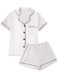 lyaner women's satin pajamas set short sleeve button shirt silky sleepwear with shorts set pj white medium