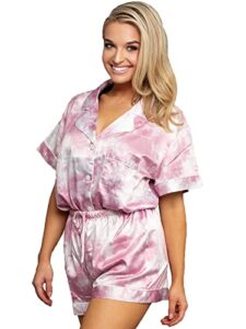 belle's design women’s tie dye short sleeve satin silk pajama set button down 2 pieces loungewear sleepwear (dusty pink, xx-large)