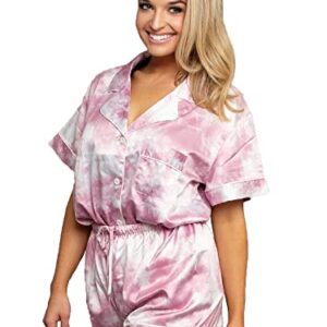 Belle's Design Women’s Tie Dye Short Sleeve Satin Silk Pajama Set Button Down 2 pieces Loungewear Sleepwear (Dusty Pink, XX-Large)