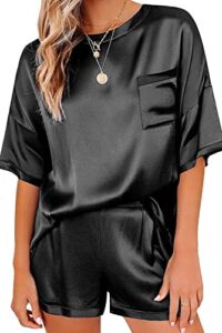 ekouaer womens, two piece silk satin pajamas set, crewneck short sleeve tops and shorts, sleepwear, a-black, x-large