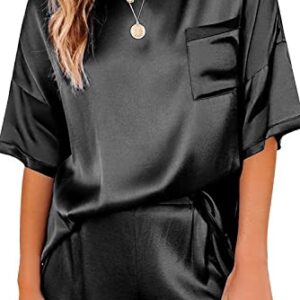 Ekouaer Womens, Two Piece Silk Satin Pajamas Set, Crewneck Short Sleeve Tops and Shorts, Sleepwear, A-black, X-Large