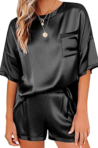 Ekouaer Womens, Two Piece Silk Satin Pajamas Set, Crewneck Short Sleeve Tops and Shorts, Sleepwear, A-black, X-Large