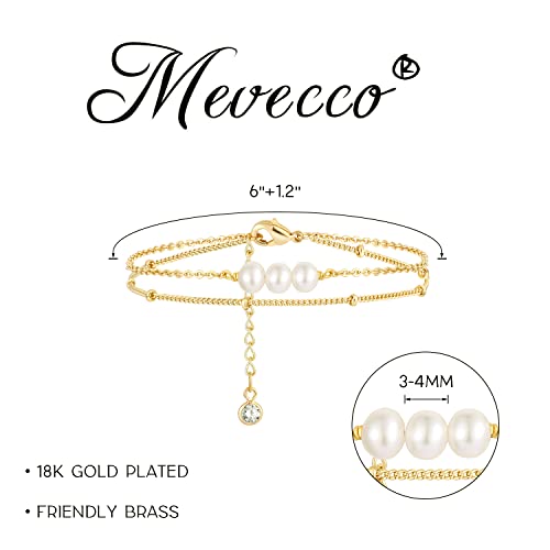 MEVECCO Bracelet for Women Gold Layered Satellite Chain Trio Pearl Bead Wire Wrapped 14K Gold Plated Dainty 2 Layer Handmade Simple Jewelry Cute for Girls