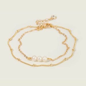 MEVECCO Bracelet for Women Gold Layered Satellite Chain Trio Pearl Bead Wire Wrapped 14K Gold Plated Dainty 2 Layer Handmade Simple Jewelry Cute for Girls