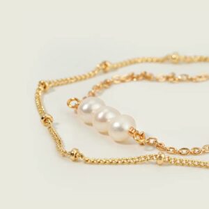 MEVECCO Bracelet for Women Gold Layered Satellite Chain Trio Pearl Bead Wire Wrapped 14K Gold Plated Dainty 2 Layer Handmade Simple Jewelry Cute for Girls