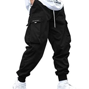 Romwe Men's Flap Pocket Drawstring Elastic Waist Letter Graphic Street Cargo Pants Black XL