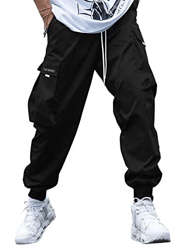 Romwe Men's Flap Pocket Drawstring Elastic Waist Letter Graphic Street Cargo Pants Black XL