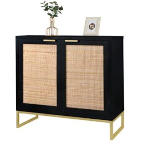 anmytek modern accent storage cabinet with 2 rattan doors, mid century buffet sideboard for living room black/gold, h0046