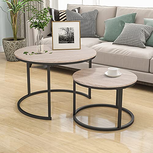 HOJINLINERO Industrial Round Coffee Table Set of 2 End Table for Living Room,Stacking Side Tables, Sturdy and Easy Assembly,Wood Look Accent Furniture with Metal Frame,Black+Teak Oak…