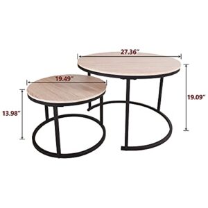 HOJINLINERO Industrial Round Coffee Table Set of 2 End Table for Living Room,Stacking Side Tables, Sturdy and Easy Assembly,Wood Look Accent Furniture with Metal Frame,Black+Teak Oak…