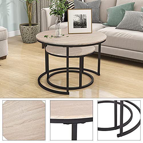 HOJINLINERO Industrial Round Coffee Table Set of 2 End Table for Living Room,Stacking Side Tables, Sturdy and Easy Assembly,Wood Look Accent Furniture with Metal Frame,Black+Teak Oak…