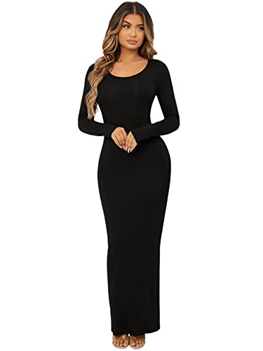 Floerns Women's Solid Long Sleeve Scoop Neck Bodycon Pencil Maxi Dress Black S