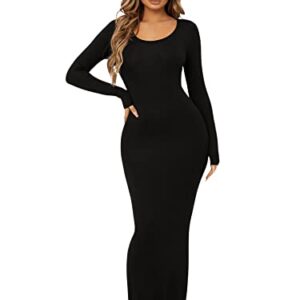 Floerns Women's Solid Long Sleeve Scoop Neck Bodycon Pencil Maxi Dress Black S