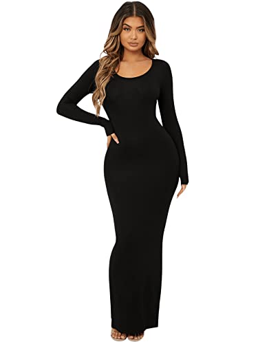 Floerns Women's Solid Long Sleeve Scoop Neck Bodycon Pencil Maxi Dress Black S