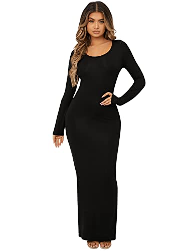 Floerns Women's Solid Long Sleeve Scoop Neck Bodycon Pencil Maxi Dress Black S