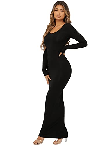 Floerns Women's Solid Long Sleeve Scoop Neck Bodycon Pencil Maxi Dress Black S